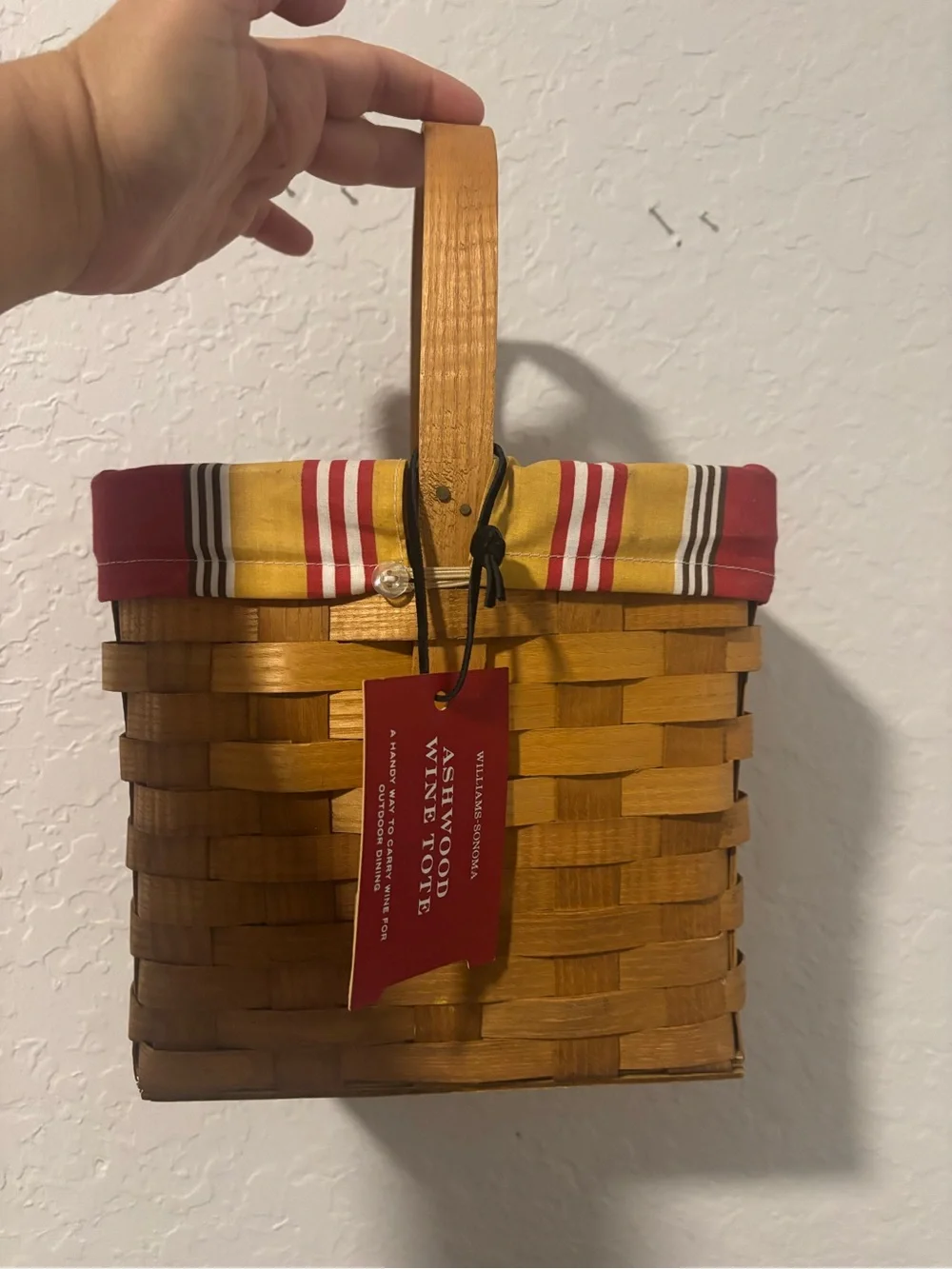 Williams Sonoma Yellow and Red Striped Lined Wood Wine Tote vintage y2k